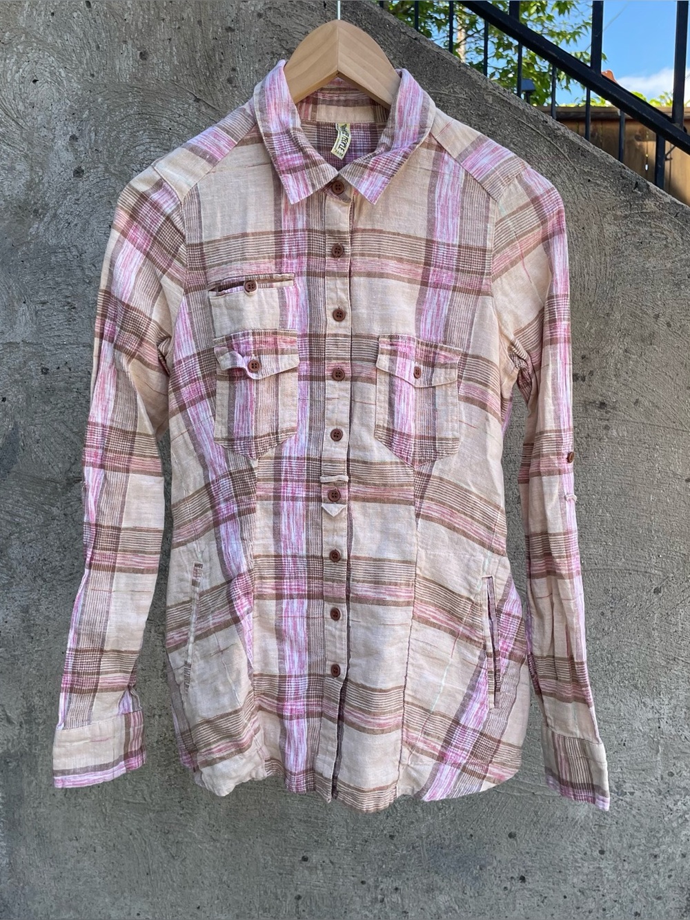 Free People pink and brown plaid button up shirt size XS